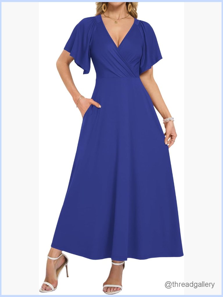 Maxi Wrap Dress With Pockets Ruffle Sleeve Deep V Neck Flowy Long Dress